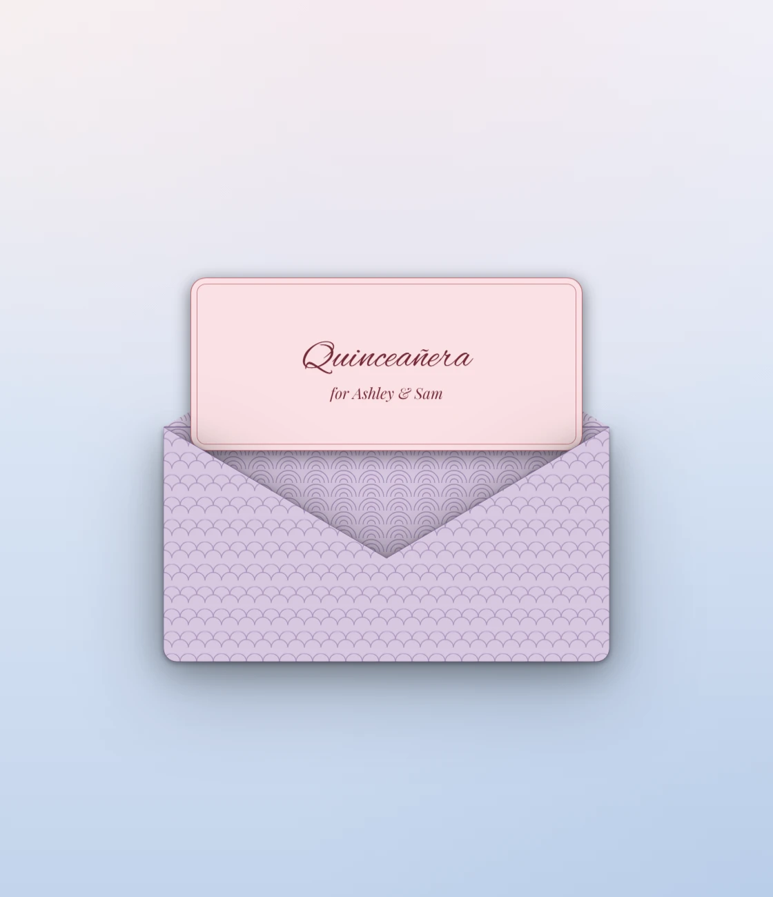 A lilac envelope with a plum wax seal opening to a pink Quinceañera card