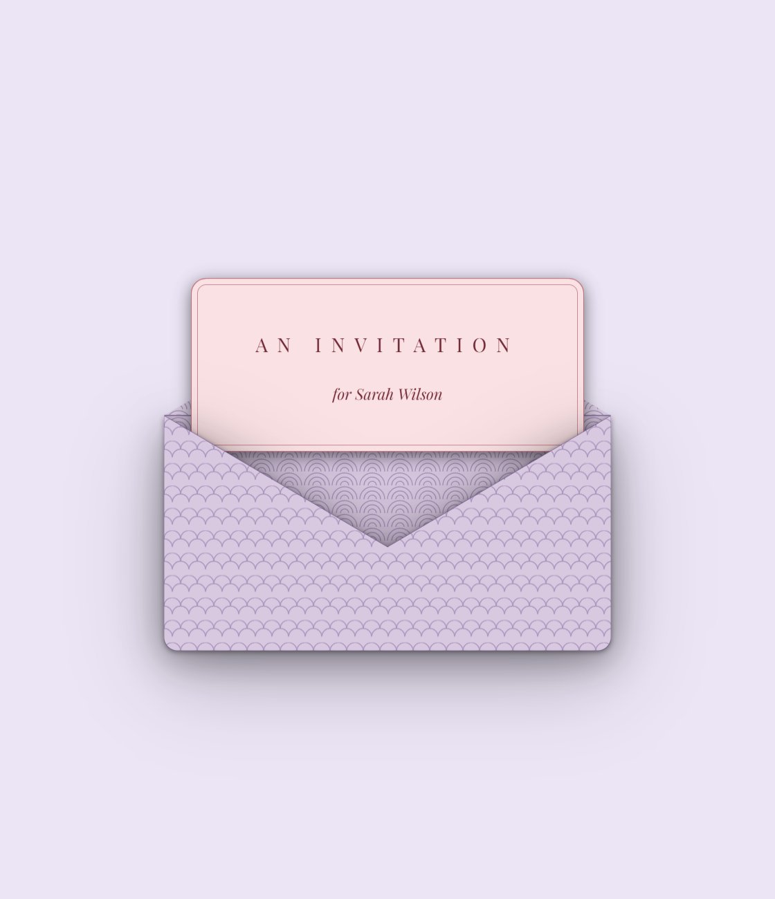 Une enveloppe lilas qui s'ouvre sur une carte d'invitation rose