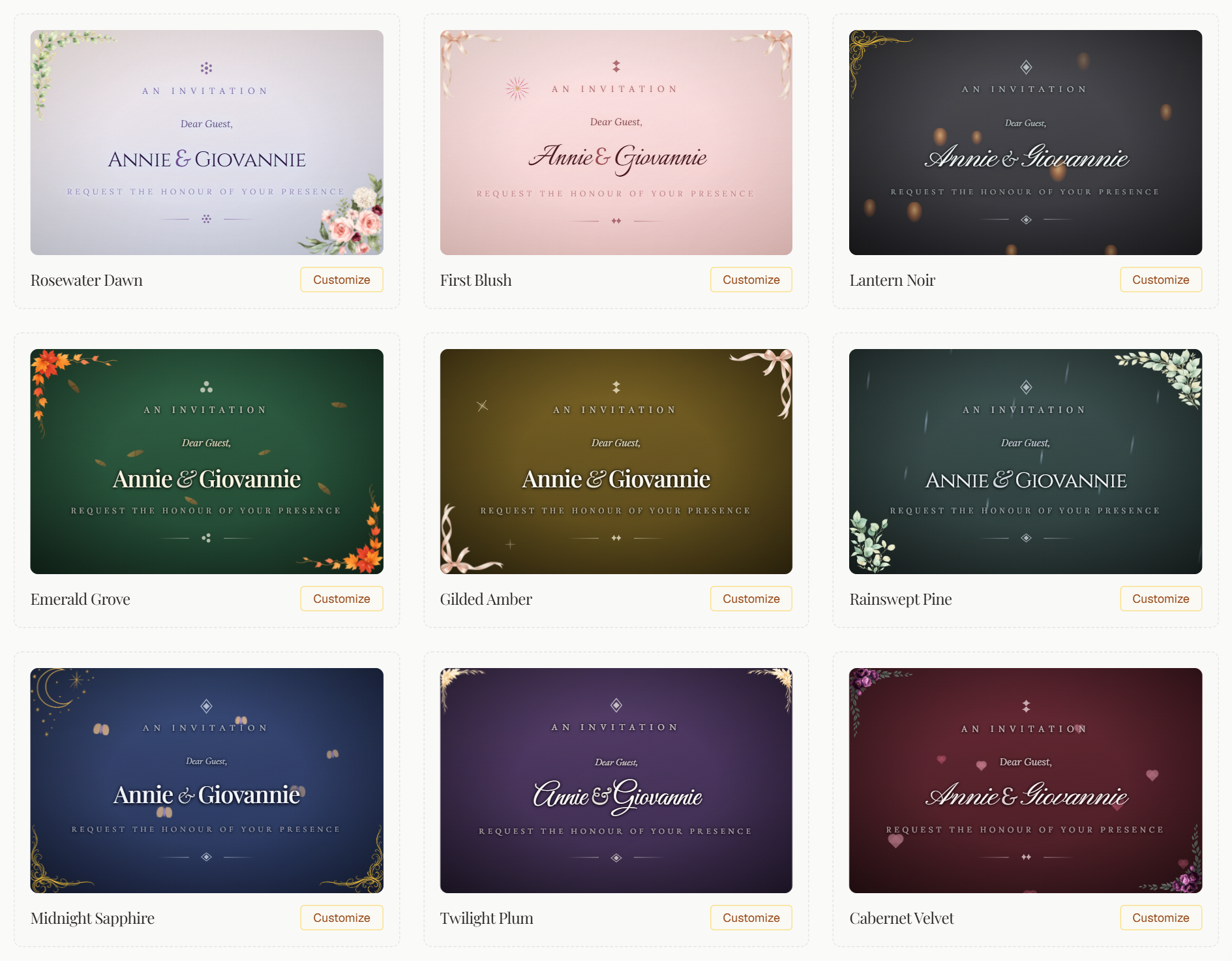 The gallery of page presets, each a living preview with lanterns, rain, hearts and sparkles drifting behind the invitation wording